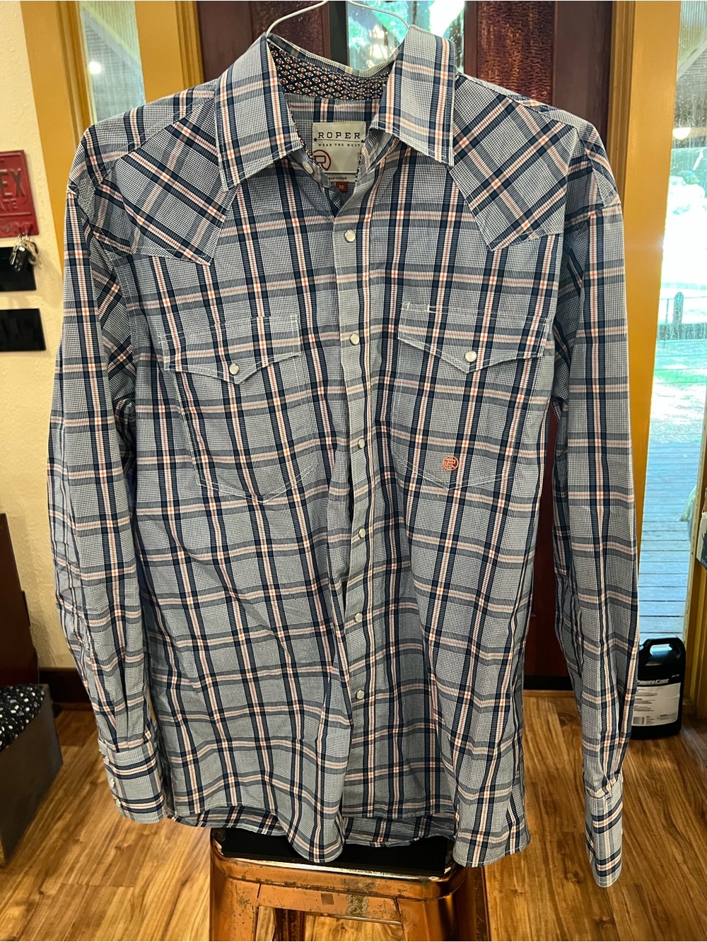 Roper Men's Light Blue Navy and Coral Plaid Western Shirt w/Pearl Snaps